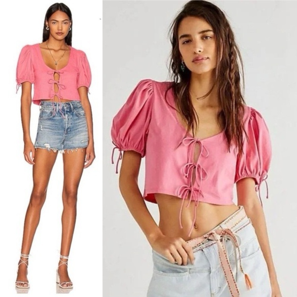 NWT Free People Pink Lace-Up Puff Sleeve Crop Top Size Small
